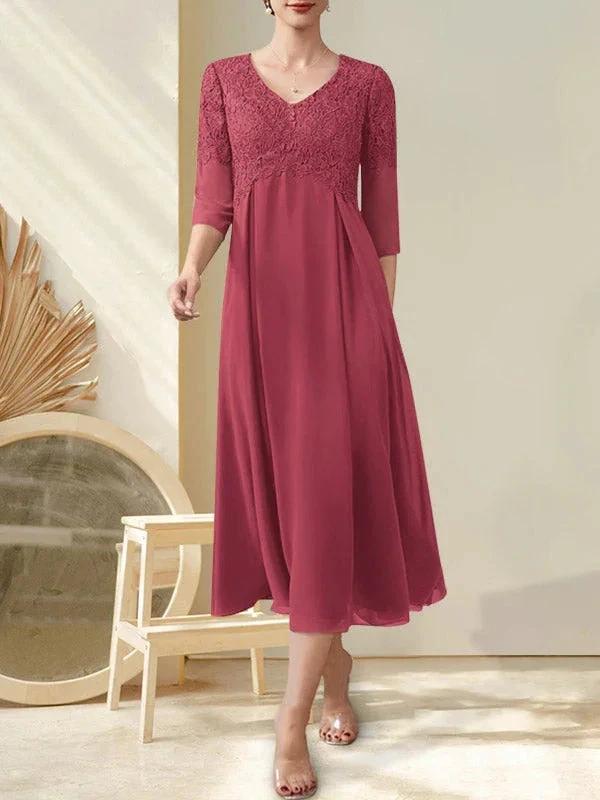 A-line V-Neck Tea-Length Chiffon Lace Mother of the Bride Dress With Beading - Image 25