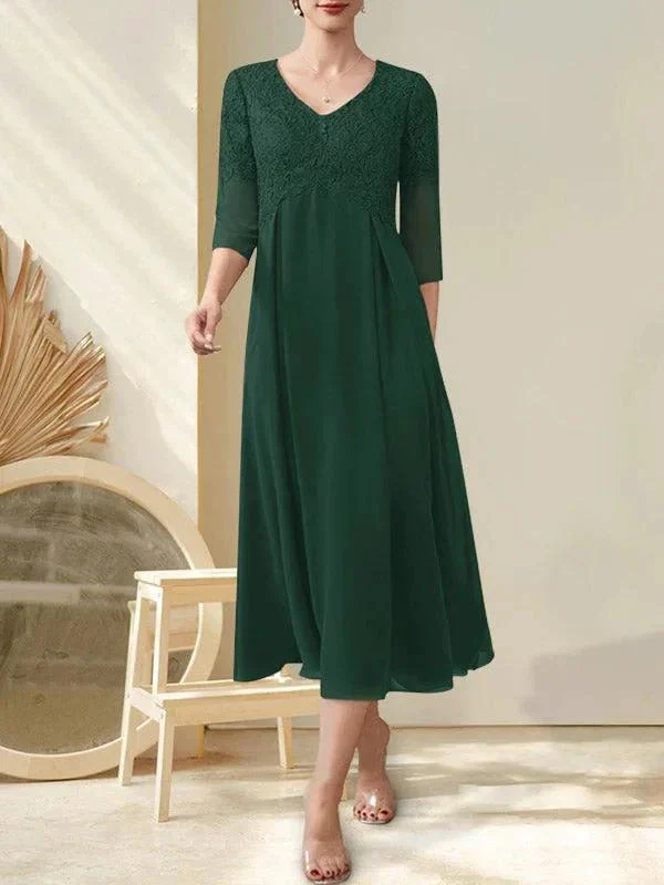 A-line V-Neck Tea-Length Chiffon Lace Mother of the Bride Dress With Beading - Image 26
