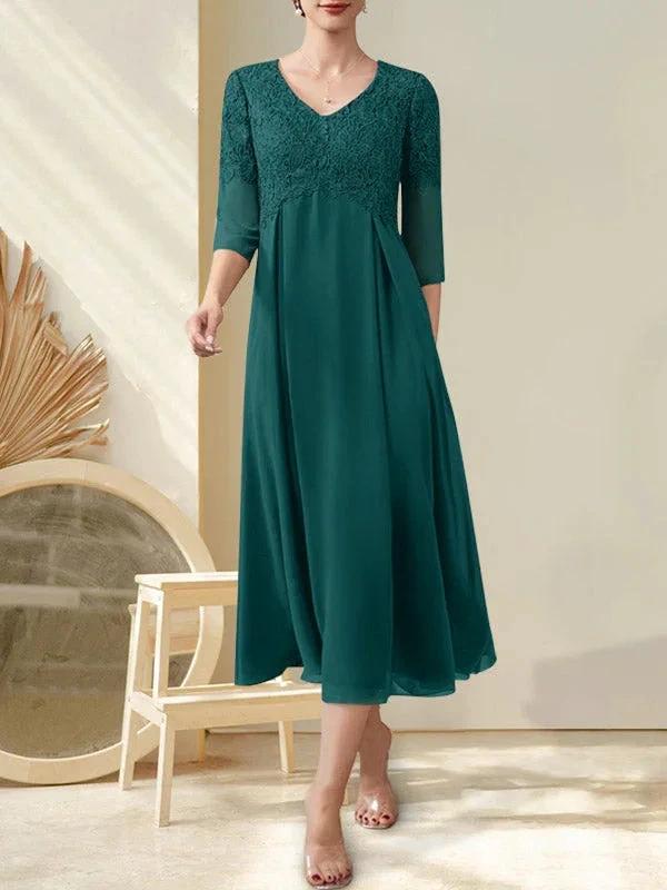 A-line V-Neck Tea-Length Chiffon Lace Mother of the Bride Dress With Beading - Image 27