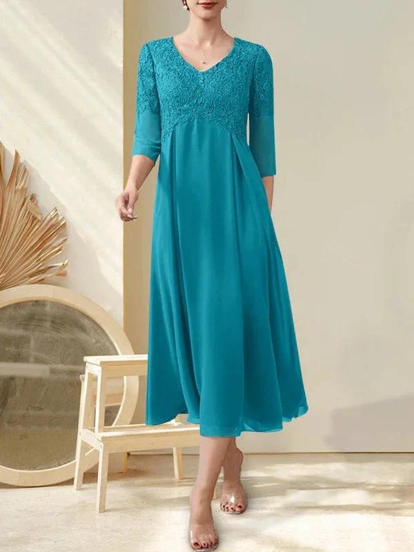 A-line V-Neck Tea-Length Chiffon Lace Mother of the Bride Dress With Beading - Image 28