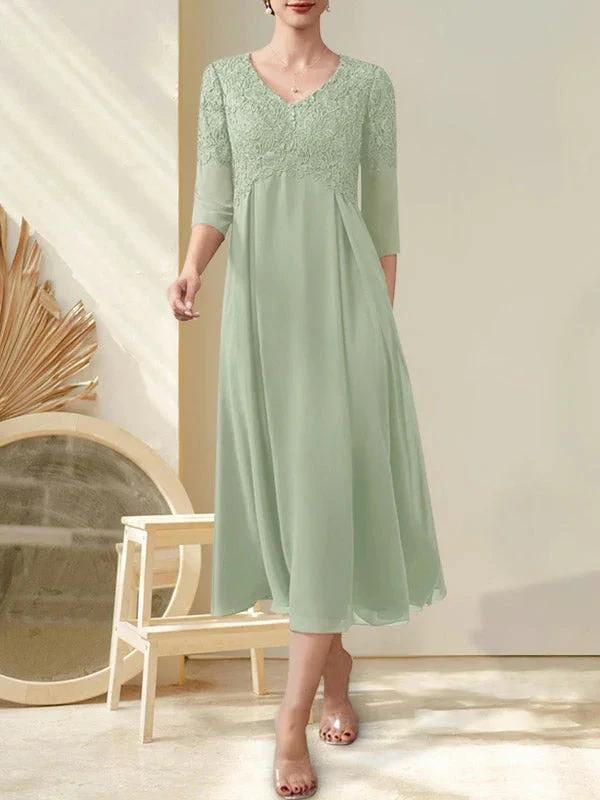 A-line V-Neck Tea-Length Chiffon Lace Mother of the Bride Dress With Beading - Image 29