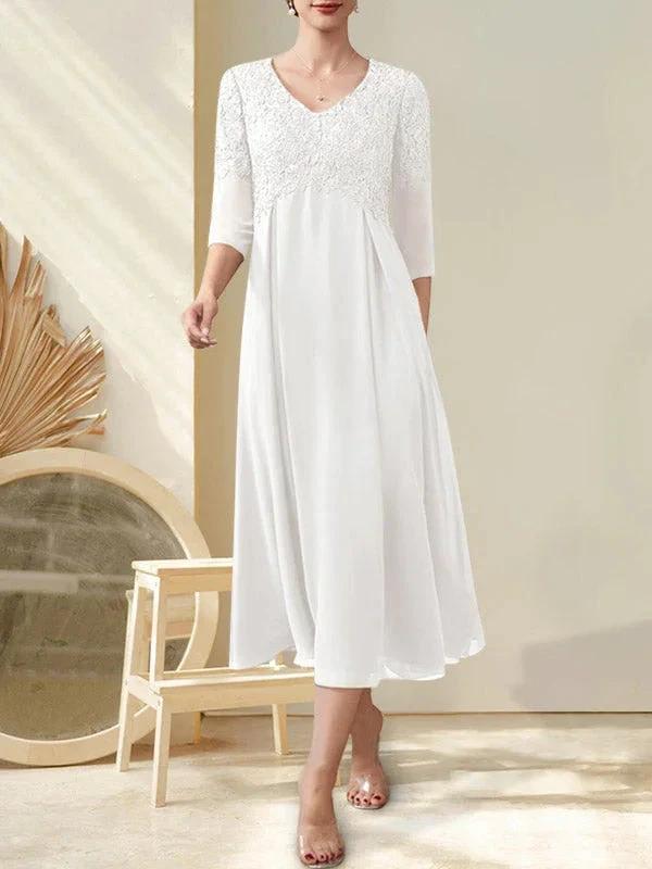 A-line V-Neck Tea-Length Chiffon Lace Mother of the Bride Dress With Beading - Image 30