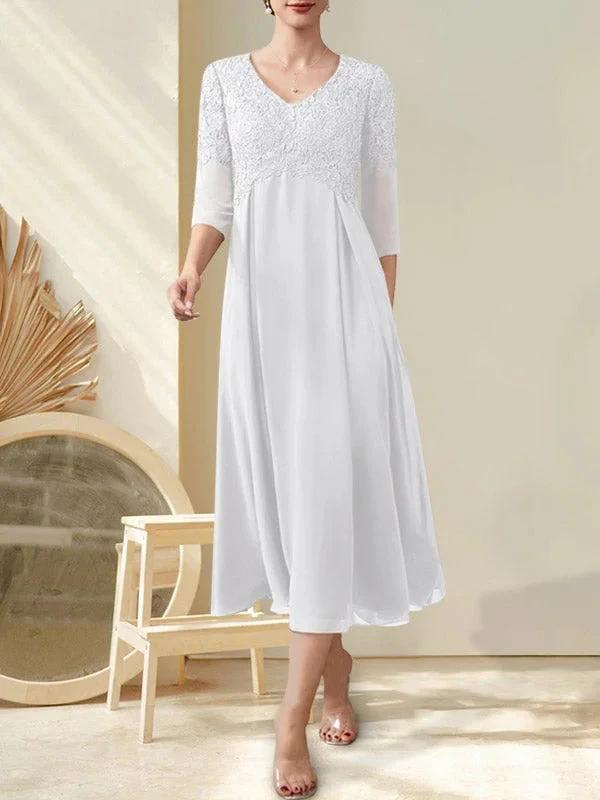 A-line V-Neck Tea-Length Chiffon Lace Mother of the Bride Dress With Beading - Image 31