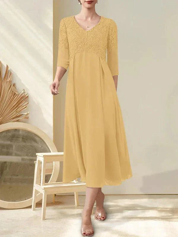 A-line V-Neck Tea-Length Chiffon Lace Mother of the Bride Dress With Beading - Image 32
