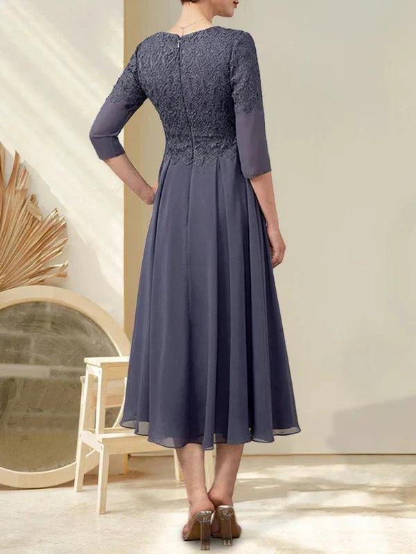 A-line V-Neck Tea-Length Chiffon Lace Mother of the Bride Dress With Beading - Image 4