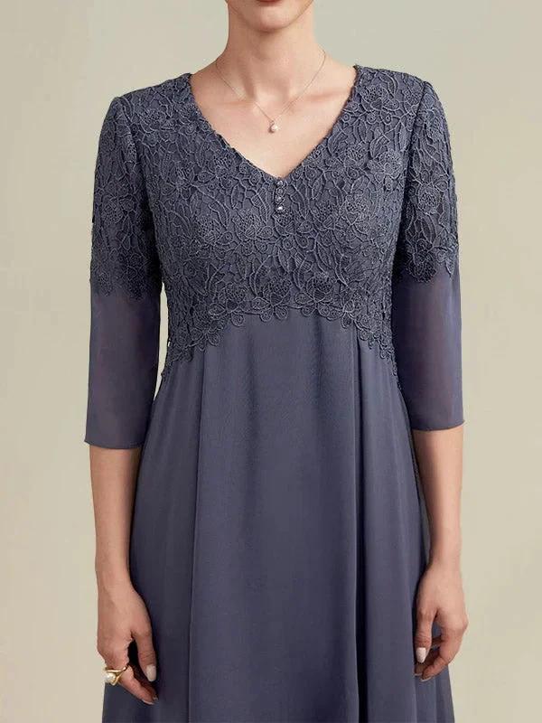 A-line V-Neck Tea-Length Chiffon Lace Mother of the Bride Dress With Beading - Image 6