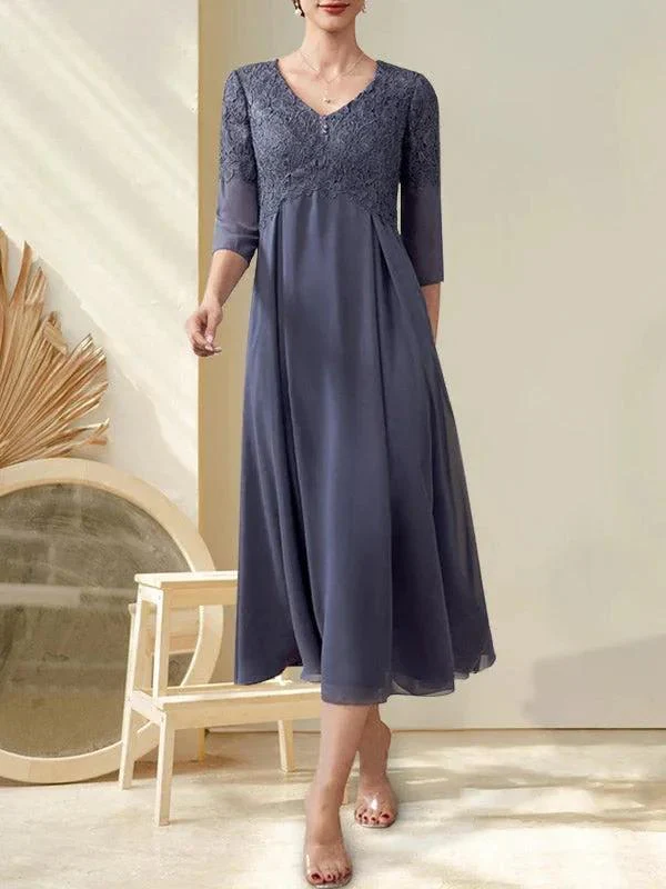 A-line V-Neck Tea-Length Chiffon Lace Mother of the Bride Dress With Beading - Image 7