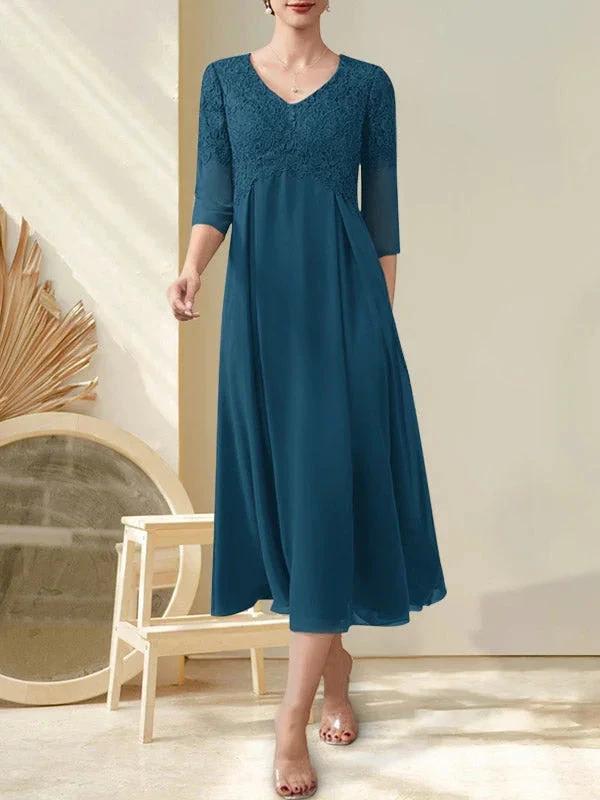 A-line V-Neck Tea-Length Chiffon Lace Mother of the Bride Dress With Beading - Image 8