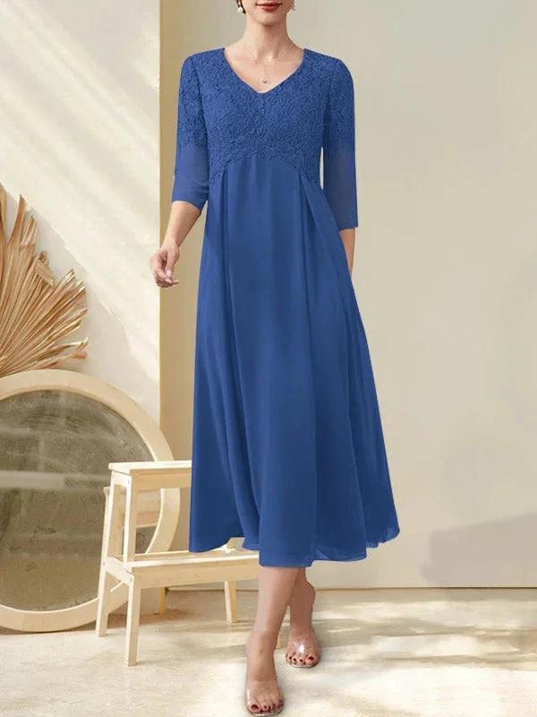 A-line V-Neck Tea-Length Chiffon Lace Mother of the Bride Dress With Beading - Image 9