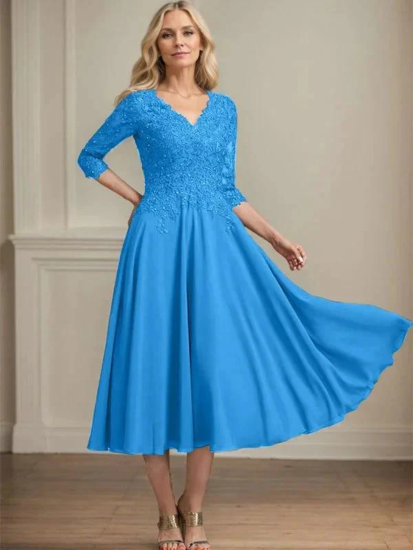 A-line V-Neck Tea-Length Chiffon Lace Mother of the Bride Dress With Beading Sequins - Image 10
