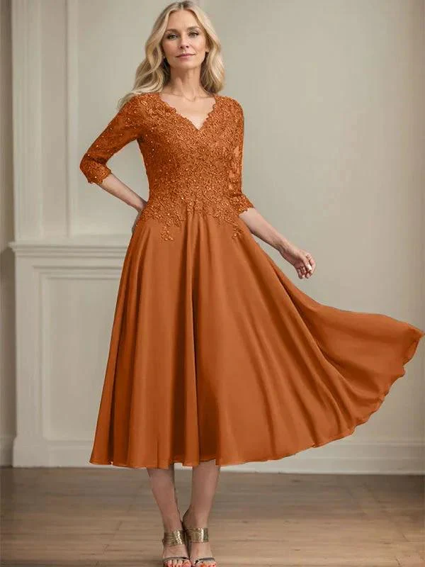 A-line V-Neck Tea-Length Chiffon Lace Mother of the Bride Dress With Beading Sequins - Image 11