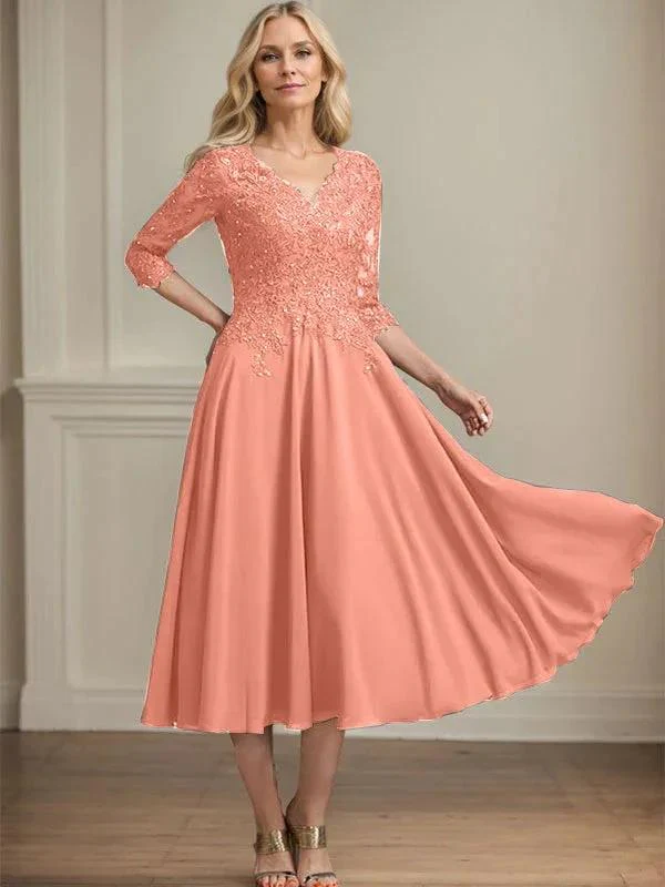 A-line V-Neck Tea-Length Chiffon Lace Mother of the Bride Dress With Beading Sequins - Image 12