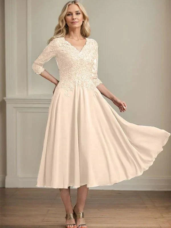 A-line V-Neck Tea-Length Chiffon Lace Mother of the Bride Dress With Beading Sequins - Image 13