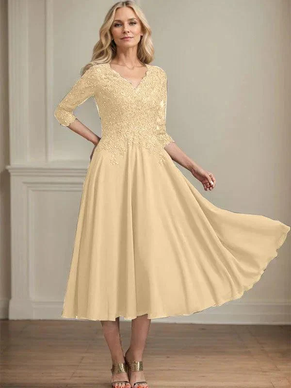 A-line V-Neck Tea-Length Chiffon Lace Mother of the Bride Dress With Beading Sequins - Image 14