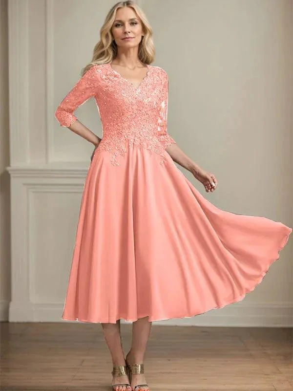 A-line V-Neck Tea-Length Chiffon Lace Mother of the Bride Dress With Beading Sequins - Image 15