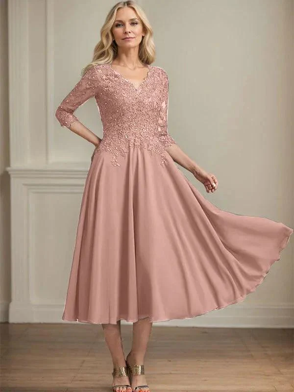 A-line V-Neck Tea-Length Chiffon Lace Mother of the Bride Dress With Beading Sequins - Image 16