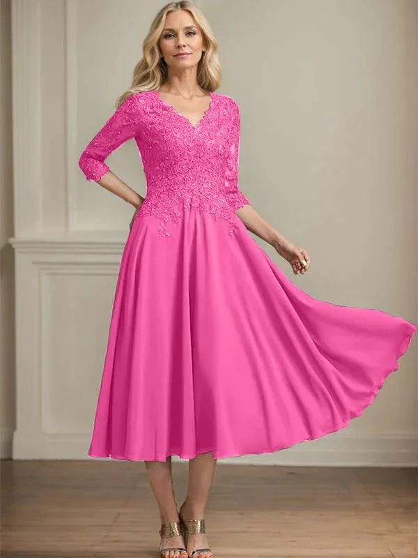 A-line V-Neck Tea-Length Chiffon Lace Mother of the Bride Dress With Beading Sequins - Image 17