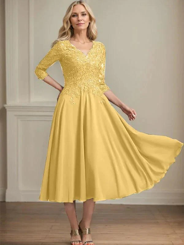 A-line V-Neck Tea-Length Chiffon Lace Mother of the Bride Dress With Beading Sequins - Image 18