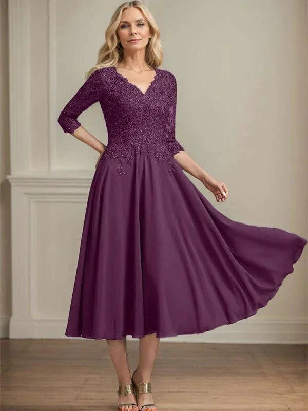 A-line V-Neck Tea-Length Chiffon Lace Mother of the Bride Dress With Beading Sequins - Image 19