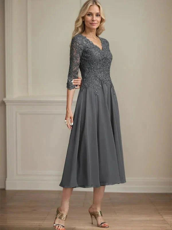 A-line V-Neck Tea-Length Chiffon Lace Mother of the Bride Dress With Beading Sequins - Image 2