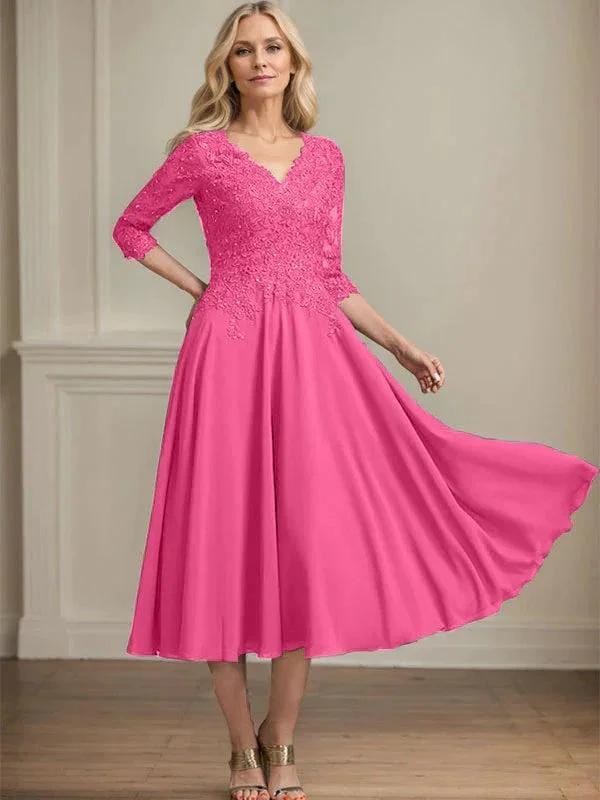 A-line V-Neck Tea-Length Chiffon Lace Mother of the Bride Dress With Beading Sequins - Image 20