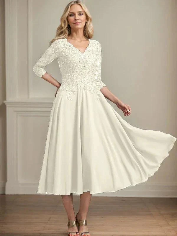 A-line V-Neck Tea-Length Chiffon Lace Mother of the Bride Dress With Beading Sequins - Image 21