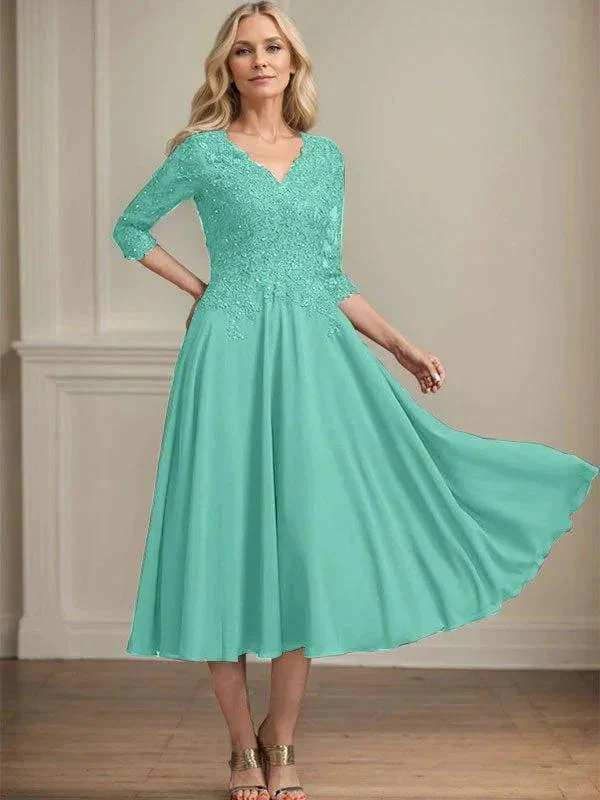 A-line V-Neck Tea-Length Chiffon Lace Mother of the Bride Dress With Beading Sequins - Image 22