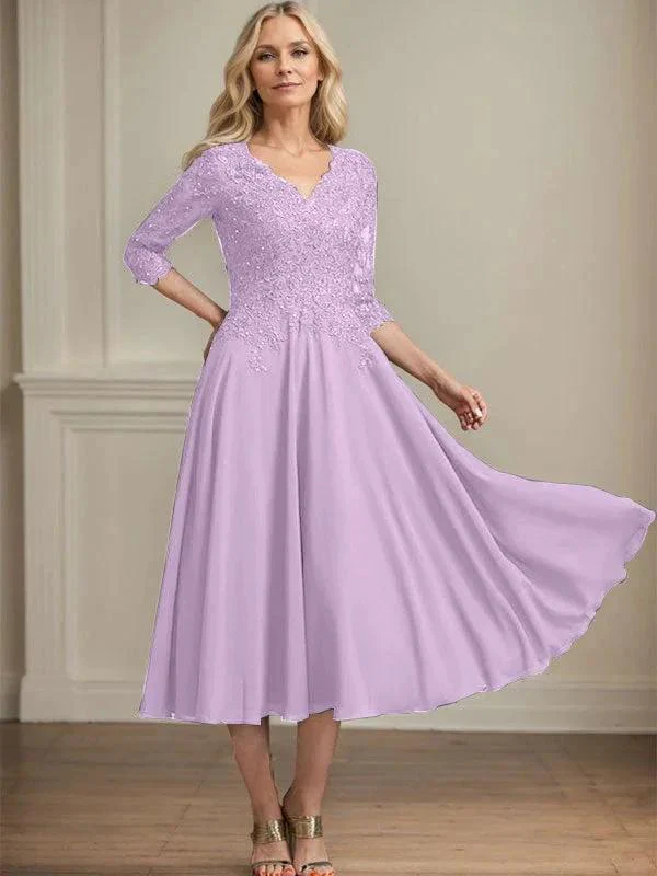 A-line V-Neck Tea-Length Chiffon Lace Mother of the Bride Dress With Beading Sequins - Image 23