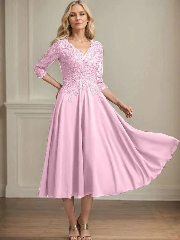 A-line V-Neck Tea-Length Chiffon Lace Mother of the Bride Dress With Beading Sequins - Image 25