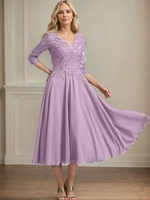 A-line V-Neck Tea-Length Chiffon Lace Mother of the Bride Dress With Beading Sequins - Image 26