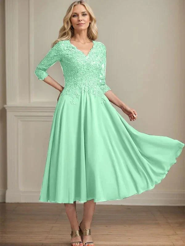 A-line V-Neck Tea-Length Chiffon Lace Mother of the Bride Dress With Beading Sequins - Image 27