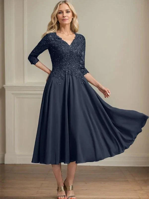 A-line V-Neck Tea-Length Chiffon Lace Mother of the Bride Dress With Beading Sequins - Image 28