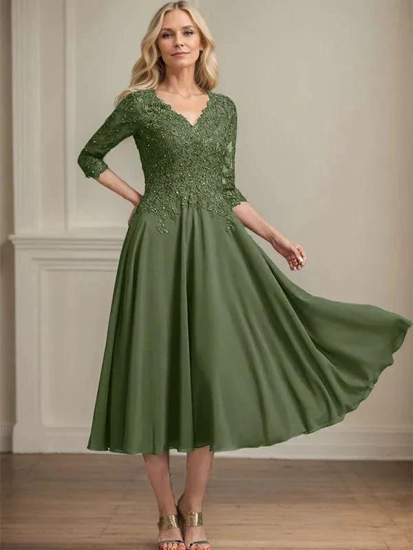 A-line V-Neck Tea-Length Chiffon Lace Mother of the Bride Dress With Beading Sequins - Image 29