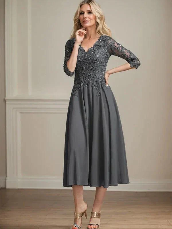 A-line V-Neck Tea-Length Chiffon Lace Mother of the Bride Dress With Beading Sequins - Image 3