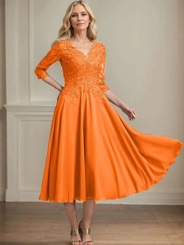 A-line V-Neck Tea-Length Chiffon Lace Mother of the Bride Dress With Beading Sequins - Image 30