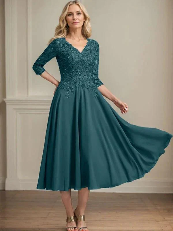 A-line V-Neck Tea-Length Chiffon Lace Mother of the Bride Dress With Beading Sequins - Image 31