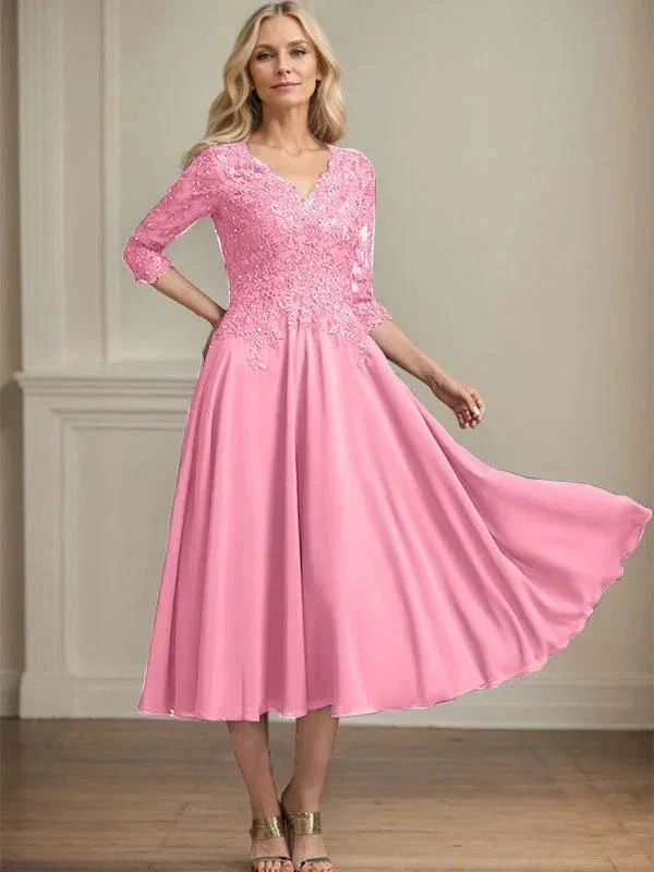 A-line V-Neck Tea-Length Chiffon Lace Mother of the Bride Dress With Beading Sequins - Image 32