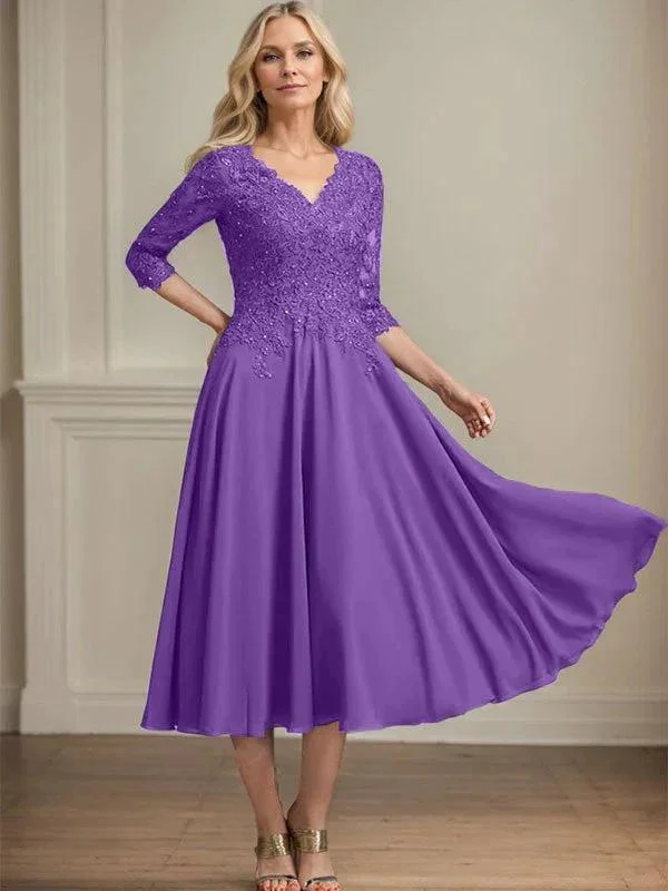 A-line V-Neck Tea-Length Chiffon Lace Mother of the Bride Dress With Beading Sequins - Image 33