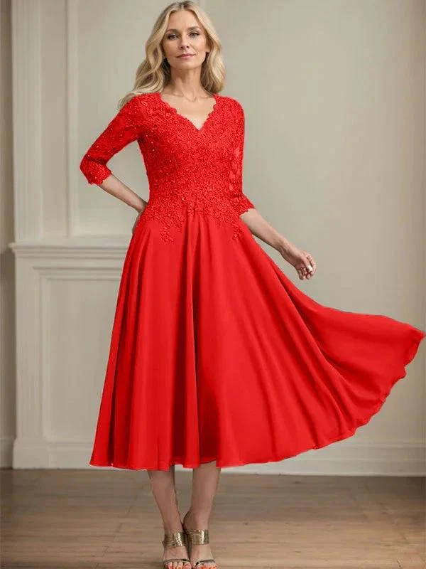 A-line V-Neck Tea-Length Chiffon Lace Mother of the Bride Dress With Beading Sequins - Image 34