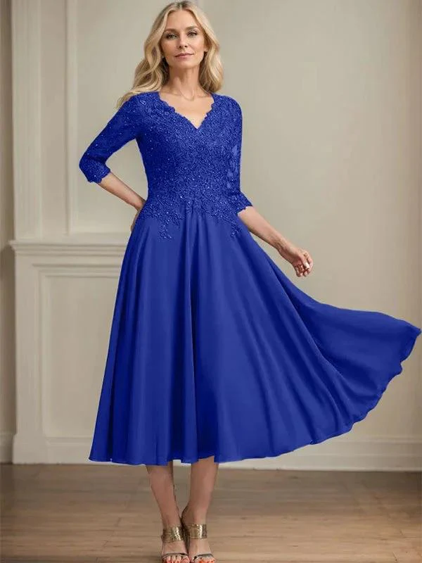A-line V-Neck Tea-Length Chiffon Lace Mother of the Bride Dress With Beading Sequins - Image 35