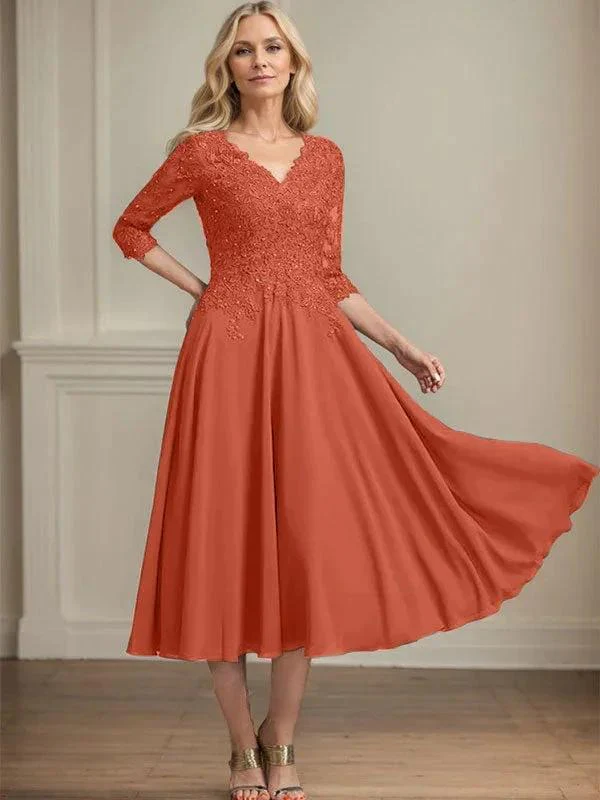 A-line V-Neck Tea-Length Chiffon Lace Mother of the Bride Dress With Beading Sequins - Image 36