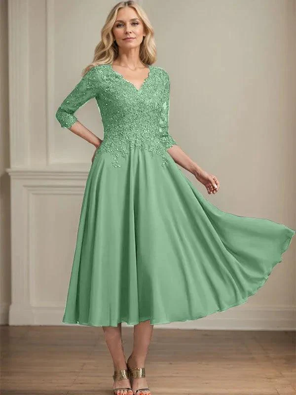 A-line V-Neck Tea-Length Chiffon Lace Mother of the Bride Dress With Beading Sequins - Image 37