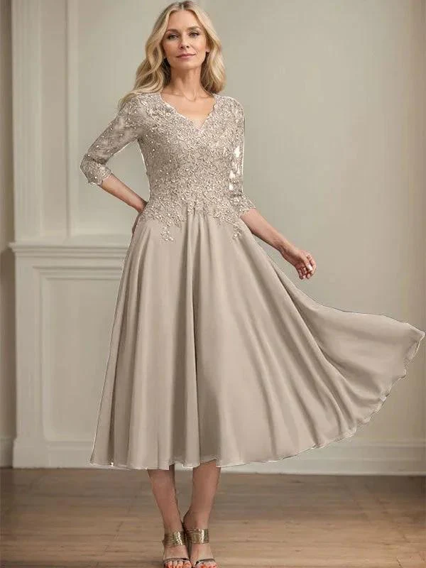 A-line V-Neck Tea-Length Chiffon Lace Mother of the Bride Dress With Beading Sequins - Image 38