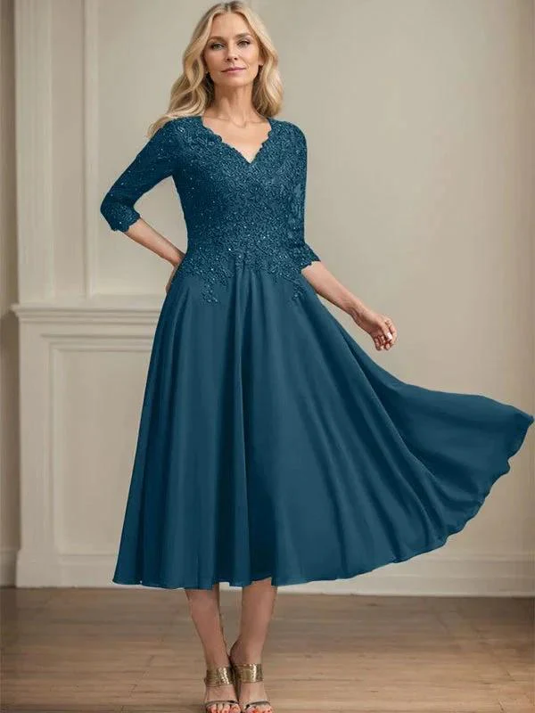 A-line V-Neck Tea-Length Chiffon Lace Mother of the Bride Dress With Beading Sequins - Image 39