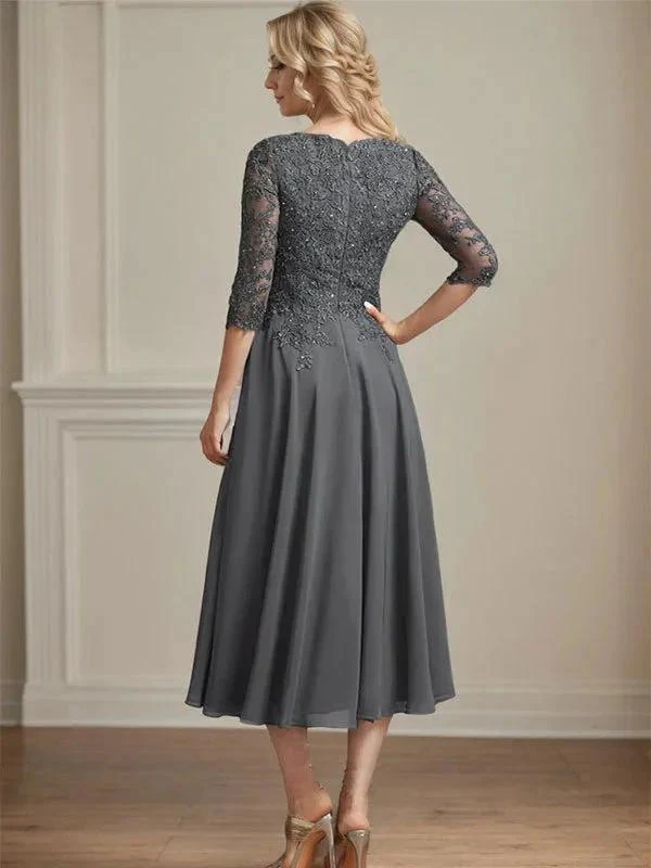A-line V-Neck Tea-Length Chiffon Lace Mother of the Bride Dress With Beading Sequins - Image 4