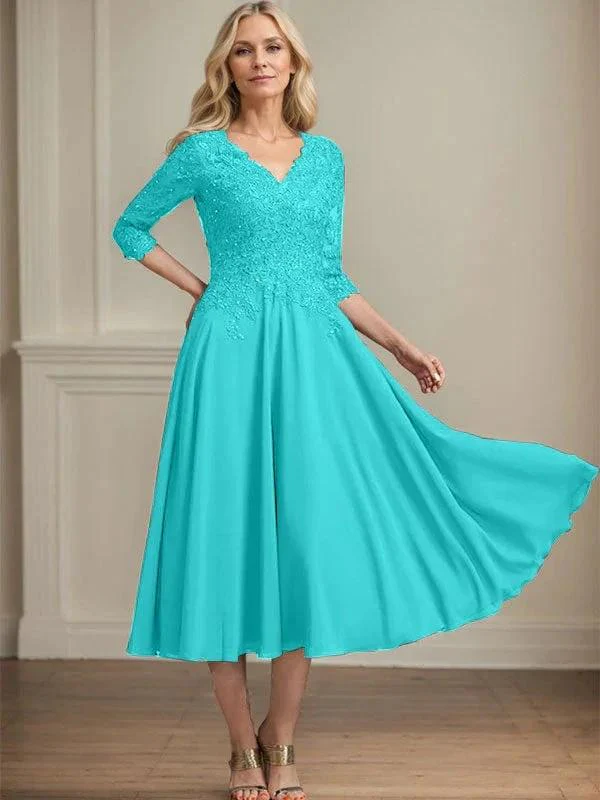 A-line V-Neck Tea-Length Chiffon Lace Mother of the Bride Dress With Beading Sequins - Image 40