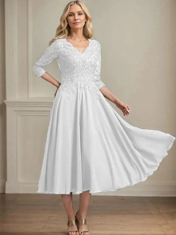 A-line V-Neck Tea-Length Chiffon Lace Mother of the Bride Dress With Beading Sequins - Image 41