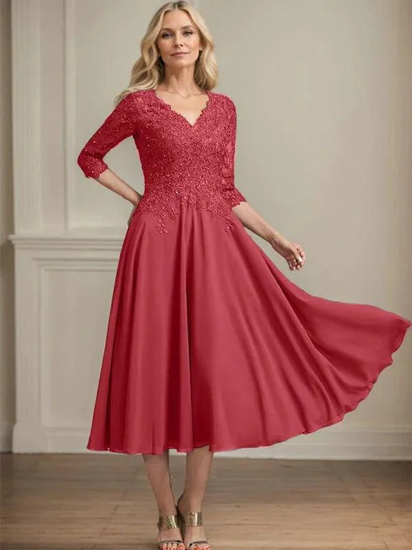 A-line V-Neck Tea-Length Chiffon Lace Mother of the Bride Dress With Beading Sequins - Image 42