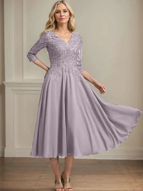 A-line V-Neck Tea-Length Chiffon Lace Mother of the Bride Dress With Beading Sequins - Image 43