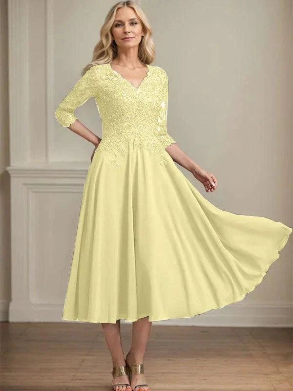 A-line V-Neck Tea-Length Chiffon Lace Mother of the Bride Dress With Beading Sequins - Image 44